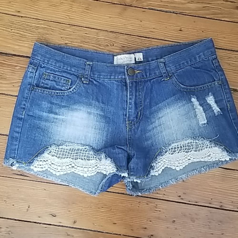Denim and crochet shorts
